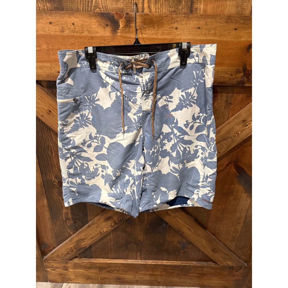 Patagonia Mens Blue White Floral Board Shorts Swim Trunks Size 36 Zip Pocket